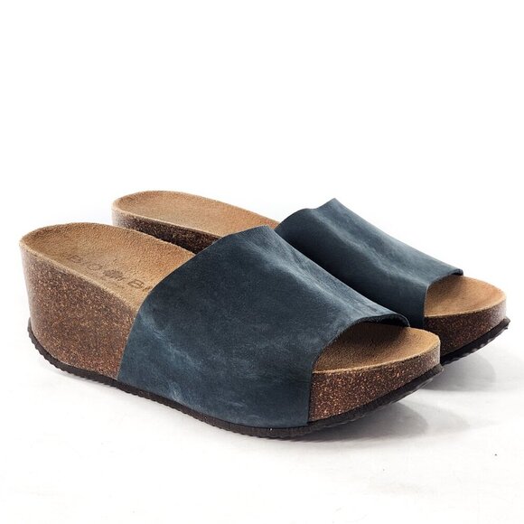 BIO BIO Nubuck Leather Platform Wedge Sandal Blue Made in Spain - Picture 3 of 6